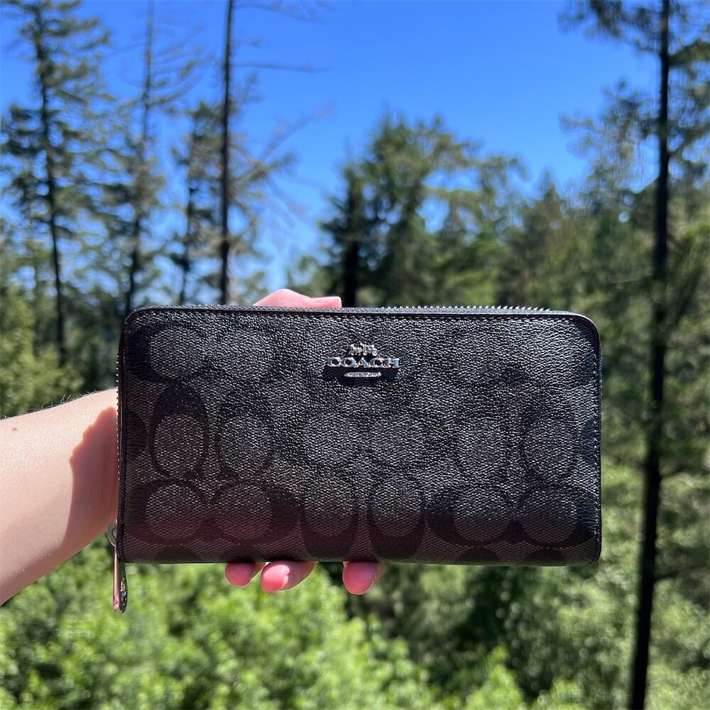 COACH Long Zip-Around Wallet Black/Gray Signature Canvas Silver Hardware AUTHNTC
